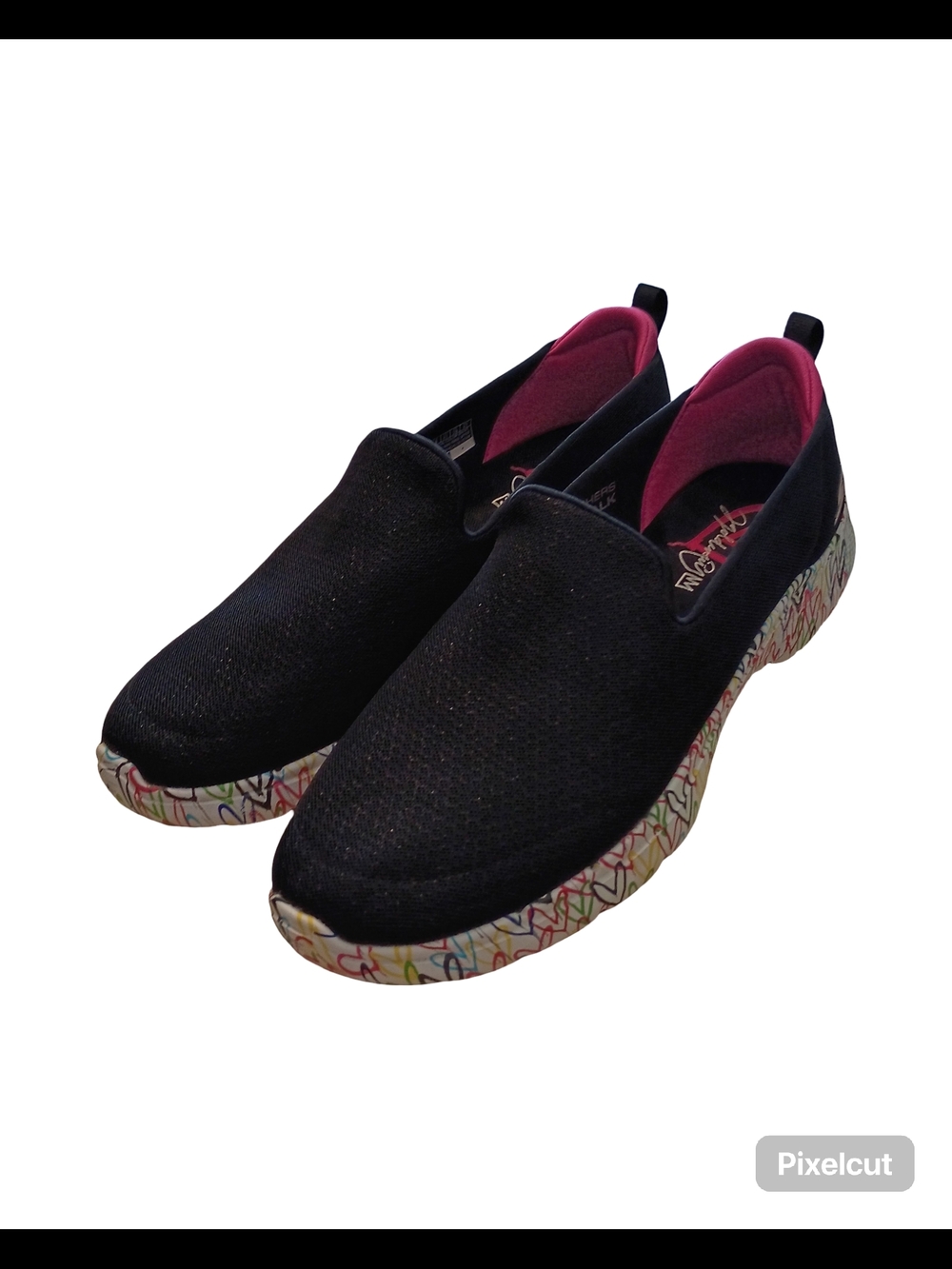 Skechers Black Slip-On Knit Mules with Pink Lining and Multicolor Graphic Sole - Picture 8 of 10